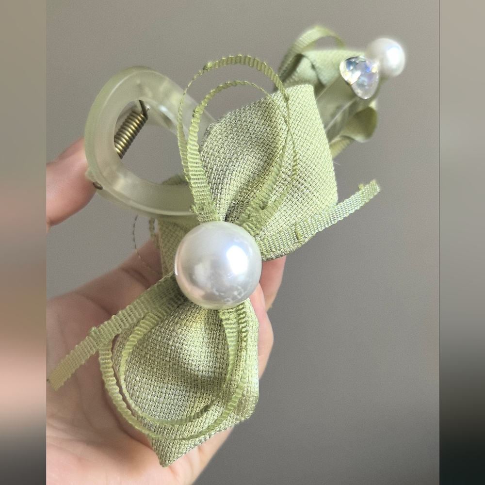 Handmade Green Hair Clip with Pearl Accent